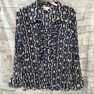 Worthington Blouse Womens XL Blue White Black Accordion Button Front Long Sleeve